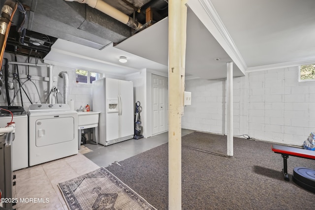 41 Alan Ter, Howell, NJ 07731 - basement with white fridge with ice dispenser, plenty of natural light, concrete block wall, independent washer and dryer, and crown molding