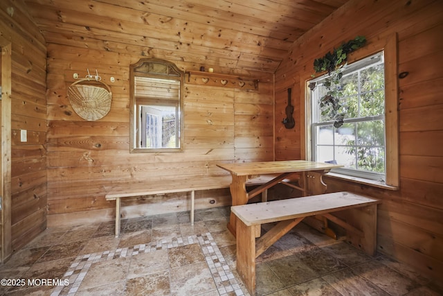 41 Alan Ter, Howell, NJ 07731 - unfurnished dining area featuring wooden walls, vaulted ceiling, wooden ceiling, a sauna / steam room, and stone tile floors