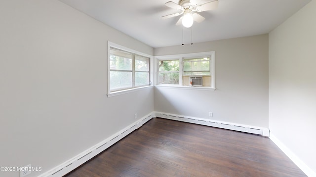 574 Main St, Sayreville, NJ 08872 - empty room featuring baseboard heating, cooling unit, dark wood-type flooring, ceiling fan, and a baseboard radiator