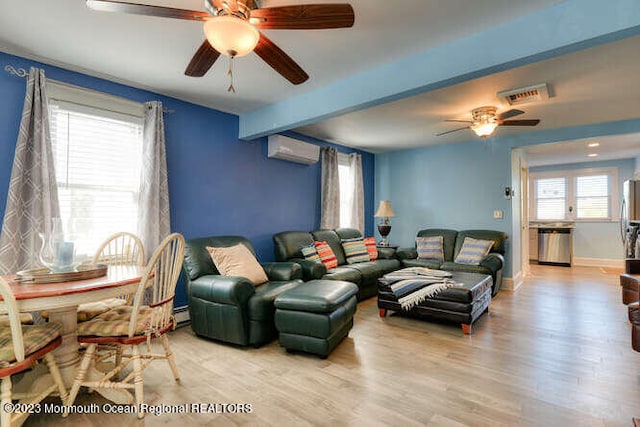 63 Asbury Ave, Ocean Grove, NJ 07756 - living area featuring an AC wall unit, ceiling fan, wood finished floors, a baseboard heating unit, and beam ceiling