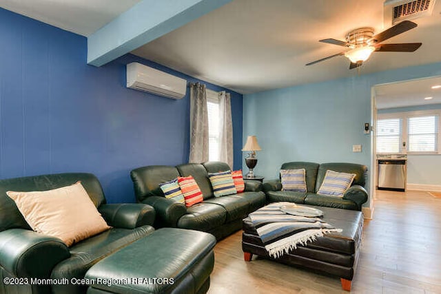 63 Asbury Ave, Ocean Grove, NJ 07756 - living room featuring a wall mounted air conditioner, ceiling fan, wood finished floors, and beam ceiling