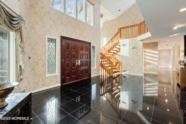 7 Jayhawk Way, Holmdel, NJ 07733 - entrance foyer featuring wallpapered walls, stairway, and granite tiled floors