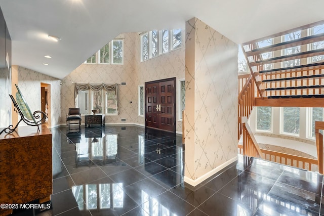 7 Jayhawk Way, Holmdel, NJ 07733 - foyer featuring wallpapered walls, stairway, vaulted ceiling, and recessed lighting