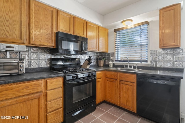 45 Letts Landing Rd, Waretown, NJ 08758 - kitchen with black appliances, backsplash, dark countertops, and dark tile patterned flooring