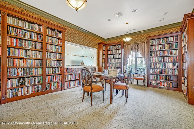 25 Merion Ln, Jackson, NJ 08527 - carpeted office space with bookshelves, crown molding, and wallpapered walls