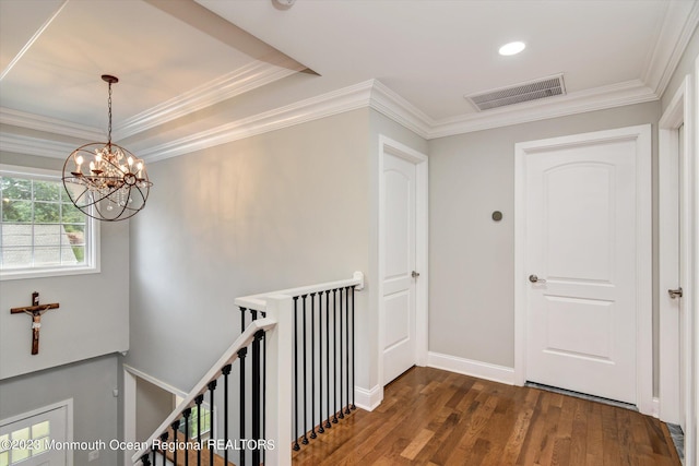 767 Hemlock Rd, Union, NJ 07083 - corridor with an upstairs landing, dark wood finished floors, ornamental molding, recessed lighting, and a chandelier