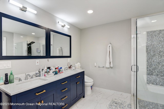 767 Hemlock Rd, Union, NJ 07083 - full bathroom with marble look tile flooring, a stall shower, double vanity, and recessed lighting