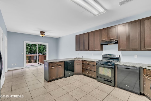 25 Rockefeller Dr, Lakewood, NJ 08701 - kitchen with black appliances, under cabinet range hood, a peninsula, light tile patterned floors, and dark brown cabinets
