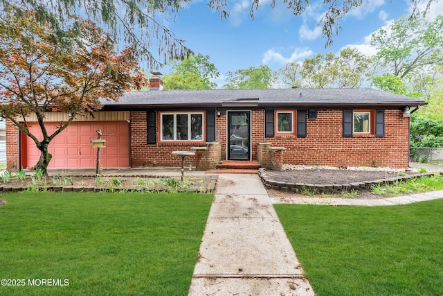 215 Sunset Ln, Howell, NJ 07731 - ranch-style home with brick siding, a garage, a front lawn, and a chimney