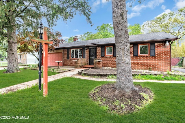 215 Sunset Ln, Howell, NJ 07731 - single story home featuring a garage, brick siding, a front yard, a chimney, and a shingled roof