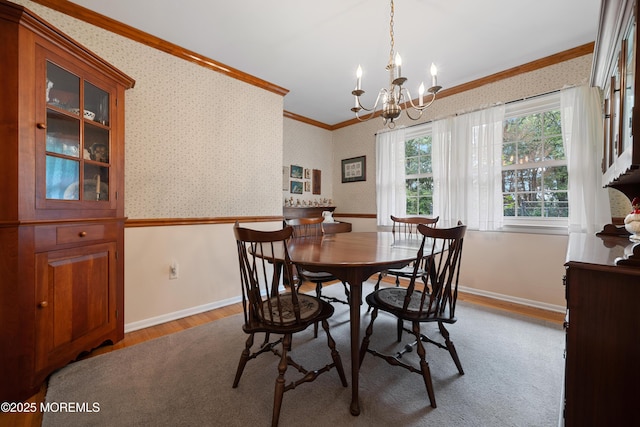 446 Steuben Ave, Forked River, NJ 08731 - dining room featuring ornamental molding, light wood-style flooring, wallpapered walls, and a chandelier