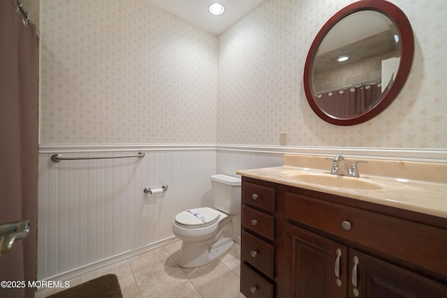 446 Steuben Ave, Forked River, NJ 08731 - full bath featuring vanity, wainscoting, tile patterned floors, and curtained shower