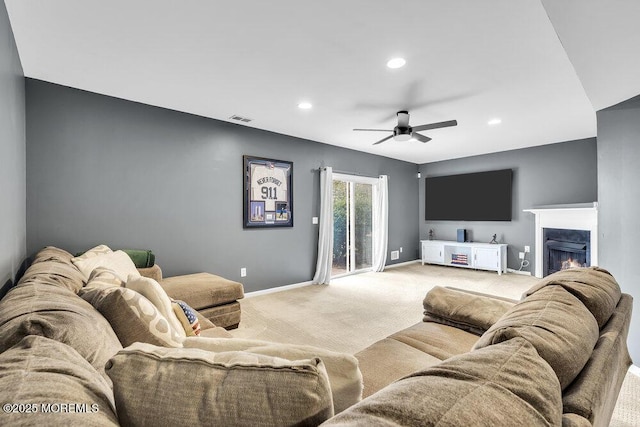 203 Muskflower Ct, Toms River, NJ 08753 - living area featuring ceiling fan, light carpet, recessed lighting, and a lit fireplace