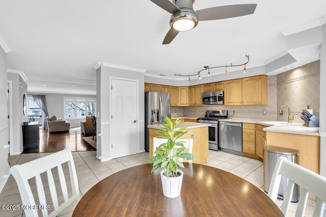 203 Muskflower Ct, Toms River, NJ 08753 - dining area featuring light tile patterned flooring, crown molding, and ceiling fan