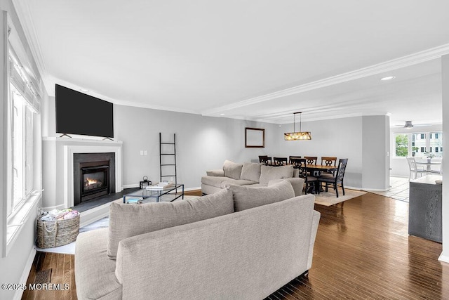 203 Muskflower Ct, Toms River, NJ 08753 - living room with crown molding, a glass covered fireplace, dark wood finished floors, recessed lighting, and a ceiling fan