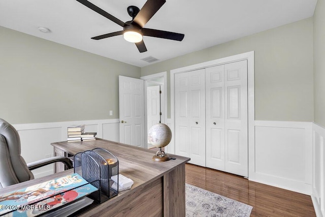 203 Muskflower Ct, Toms River, NJ 08753 - office space with a ceiling fan, a wainscoted wall, and wood finished floors