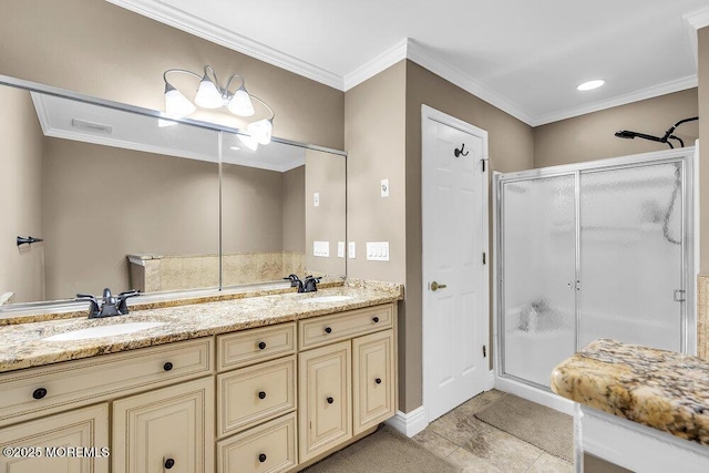 203 Muskflower Ct, Toms River, NJ 08753 - full bath featuring a stall shower, double vanity, and crown molding