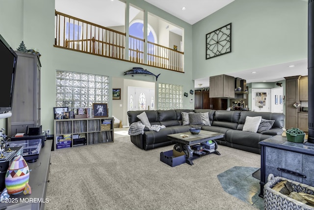 1030 Montauk Dr, Forked River, NJ 08731 - living room with a high ceiling, carpet floors, healthy amount of natural light, and recessed lighting
