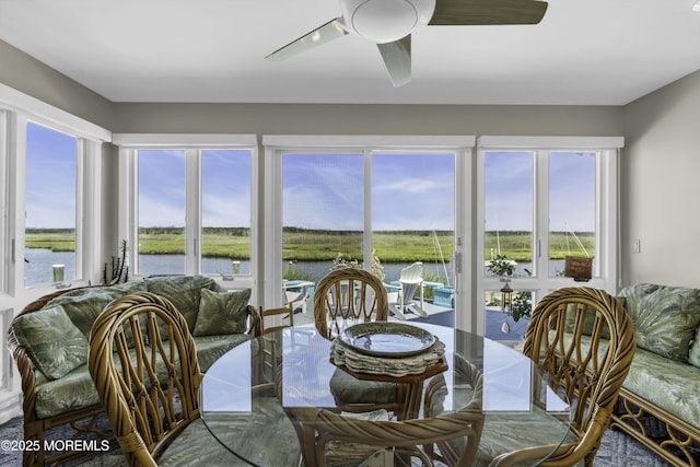 1030 Montauk Dr, Forked River, NJ 08731 - dining room featuring a water view and ceiling fan