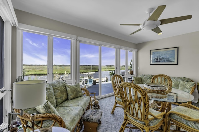 1030 Montauk Dr, Forked River, NJ 08731 - dining space with a water view and ceiling fan