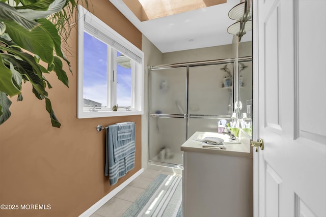 1030 Montauk Dr, Forked River, NJ 08731 - full bath featuring tile patterned flooring, a shower stall, and heating unit