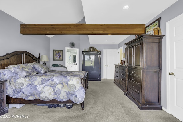 1030 Montauk Dr, Forked River, NJ 08731 - bedroom featuring light colored carpet, recessed lighting, beam ceiling, and ensuite bathroom