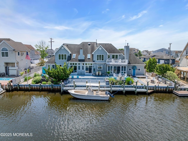 1030 Montauk Dr, Forked River, NJ 08731 - back of property with a balcony, board and batten siding, a patio area, a fenced backyard, and a water view