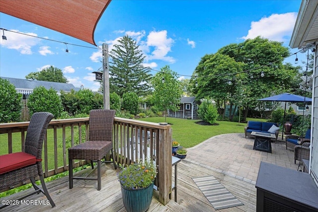 3100 Harrison St, Wall, NJ 07719 - wooden deck featuring a yard, an outdoor hangout area, an outbuilding, and a patio