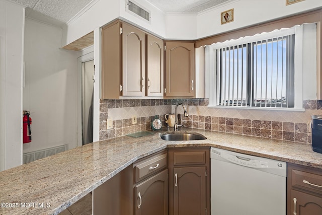 51 Hiering Ave Unit D9, Seaside Heights, NJ 08751 - kitchen with dishwasher, a textured ceiling, backsplash, ornamental molding, and light stone countertops