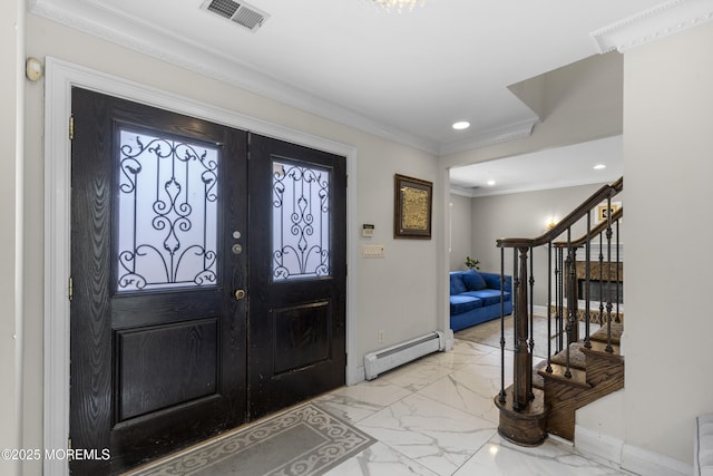 136 Sunset Rd, Lakewood, NJ 08701 - foyer with baseboard heating, light marble finish flooring, stairs, french doors, and recessed lighting
