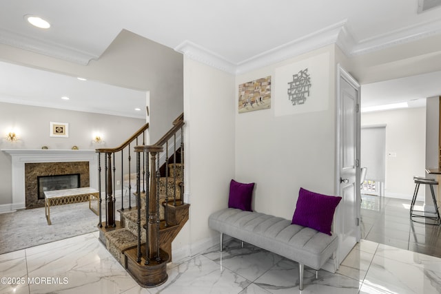 136 Sunset Rd, Lakewood, NJ 08701 - corridor featuring ornamental molding, marble tiled flooring, recessed lighting, and stairs