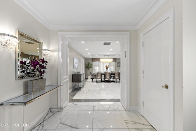 136 Sunset Rd, Lakewood, NJ 08701 - corridor with light marble finish flooring, recessed lighting, and crown molding