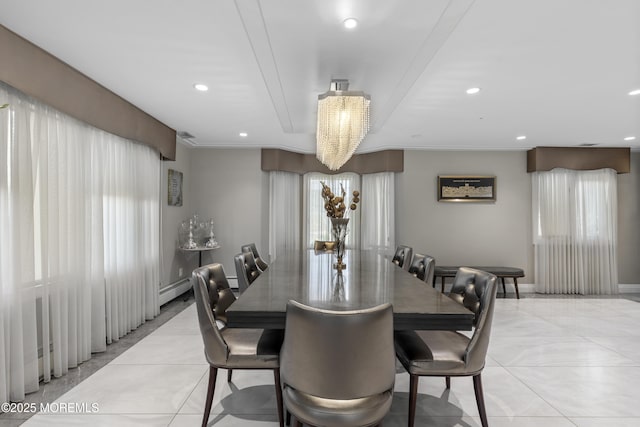 136 Sunset Rd, Lakewood, NJ 08701 - dining space with recessed lighting, ornamental molding, light tile patterned floors, and baseboard heating