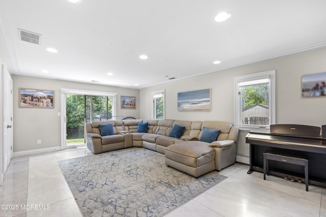 136 Sunset Rd, Lakewood, NJ 08701 - living room featuring recessed lighting, a baseboard radiator, light tile patterned floors, and ornamental molding