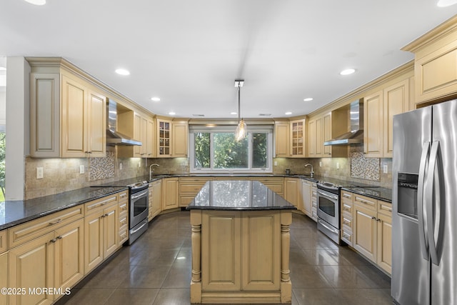 136 Sunset Rd, Lakewood, NJ 08701 - kitchen featuring stainless steel appliances, wall chimney range hood, glass insert cabinets, and recessed lighting