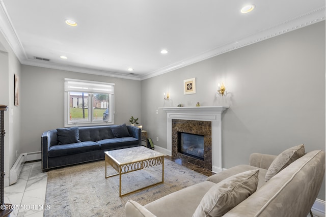 136 Sunset Rd, Lakewood, NJ 08701 - living room with recessed lighting, a baseboard radiator, crown molding, a high end fireplace, and marble finish flooring