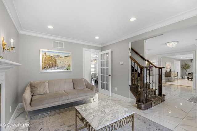 136 Sunset Rd, Lakewood, NJ 08701 - living area with french doors, stairs, light marble finish floors, recessed lighting, and crown molding