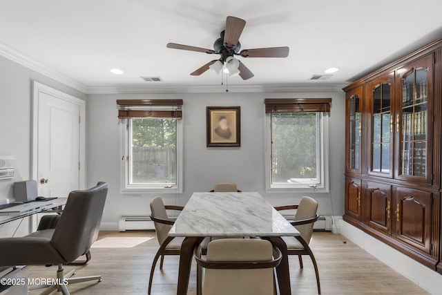 136 Sunset Rd, Lakewood, NJ 08701 - office featuring light wood-style floors, ceiling fan, crown molding, a baseboard heating unit, and recessed lighting