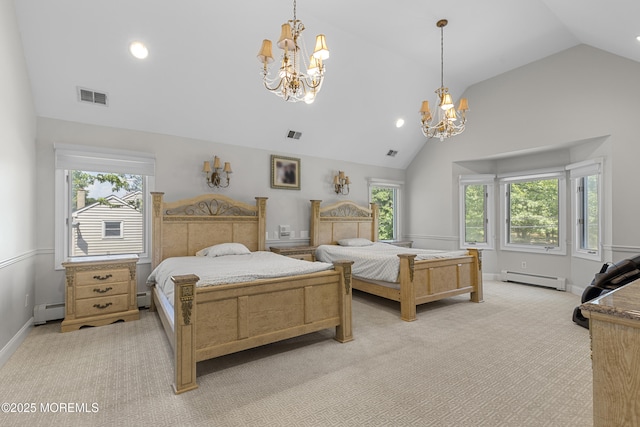 136 Sunset Rd, Lakewood, NJ 08701 - bedroom with a chandelier, a baseboard radiator, multiple windows, high vaulted ceiling, and recessed lighting
