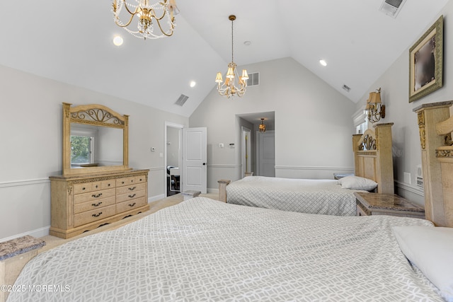 136 Sunset Rd, Lakewood, NJ 08701 - bedroom with a chandelier, high vaulted ceiling, recessed lighting, and light carpet