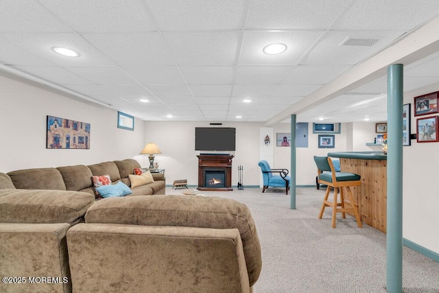 1 Cedar Ave, Rumson, NJ 07760 - living room featuring light colored carpet, recessed lighting, bar area, and a paneled ceiling