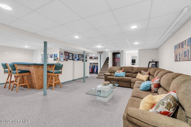 1 Cedar Ave, Rumson, NJ 07760 - carpeted living area with stairs, a bar, a drop ceiling, and recessed lighting