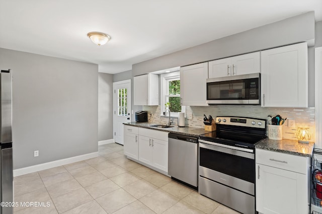 482 Radovan Ave, Bayville, NJ 08721 - kitchen with stainless steel appliances, tasteful backsplash, white cabinetry, and dark stone counters