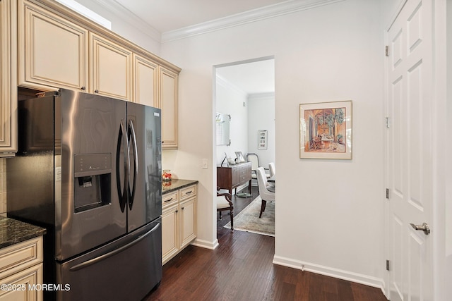 16 Gladstone St, Forked River, NJ 08731 - kitchen featuring cream cabinets, stainless steel fridge with ice dispenser, ornamental molding, dark wood-style flooring, and dark stone countertops