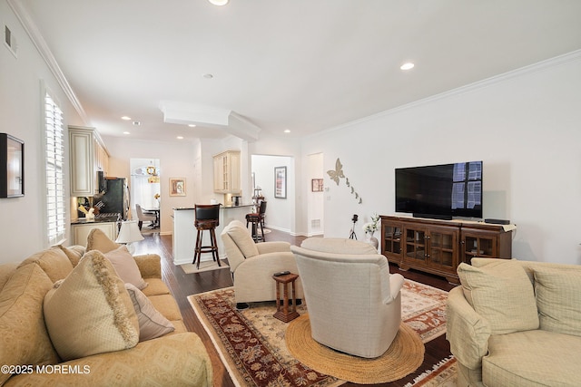 16 Gladstone St, Forked River, NJ 08731 - living room with dark wood-style floors, recessed lighting, and ornamental molding
