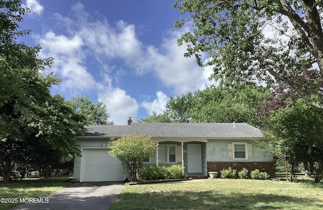109 Edinburgh Ct, Toms River, NJ 08757 - ranch-style home with a garage, a front yard, asphalt driveway, a chimney, and brick siding