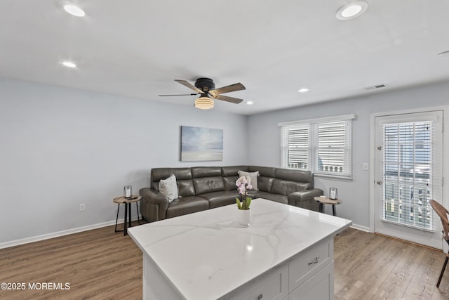 911 Beach Ave, Bradley Beach, NJ 07720 - living room featuring light wood-type flooring, ceiling fan, and recessed lighting
