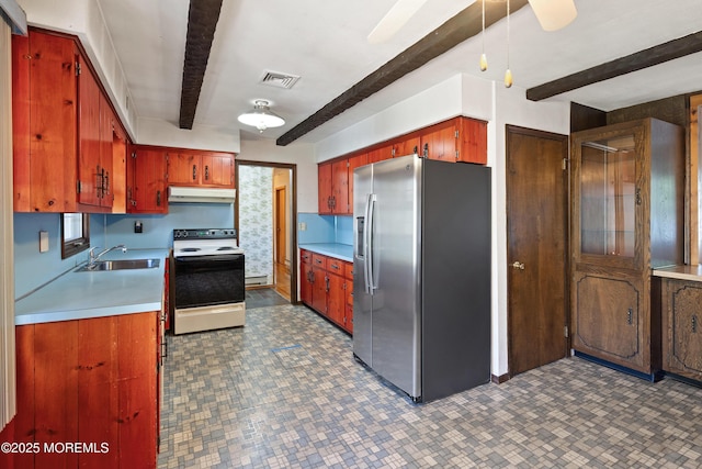 2238 Emerald Park Dr, Forked River, NJ 08731 - kitchen with stainless steel refrigerator with ice dispenser, white electric range oven, under cabinet range hood, beam ceiling, and light countertops