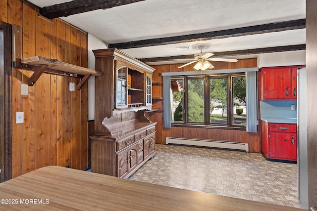 2238 Emerald Park Dr, Forked River, NJ 08731 - interior space featuring a baseboard radiator, wooden walls, beamed ceiling, a ceiling fan, and open shelves