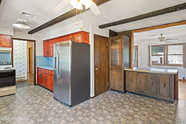 2238 Emerald Park Dr, Forked River, NJ 08731 - kitchen featuring stainless steel fridge with ice dispenser, white electric range oven, ceiling fan, beamed ceiling, and exhaust hood